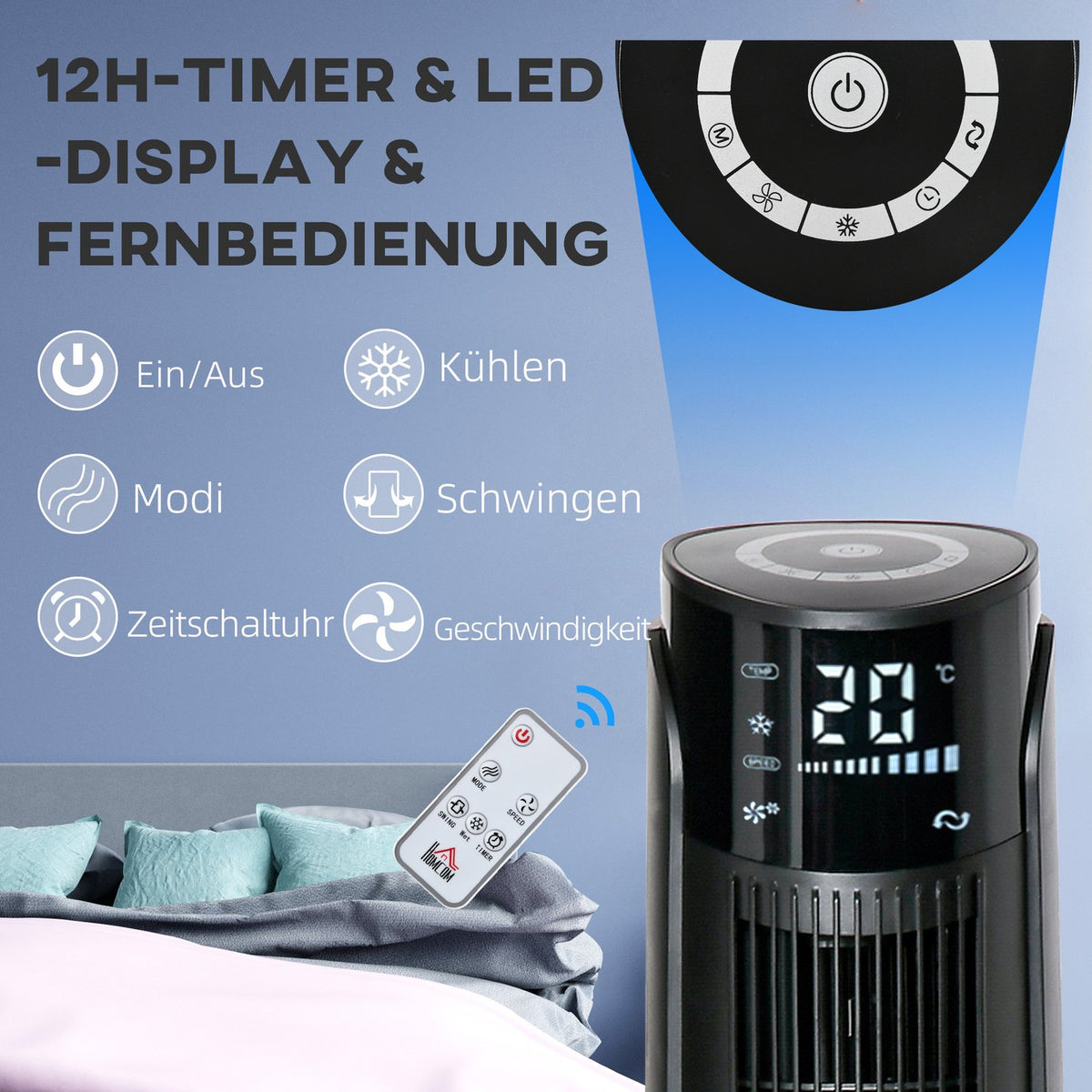 Column Fan Tower Fan Air Cooler 2-in-1 - 4 Modes 3 Speeds, Remote Control, Timer, Swivel - Black