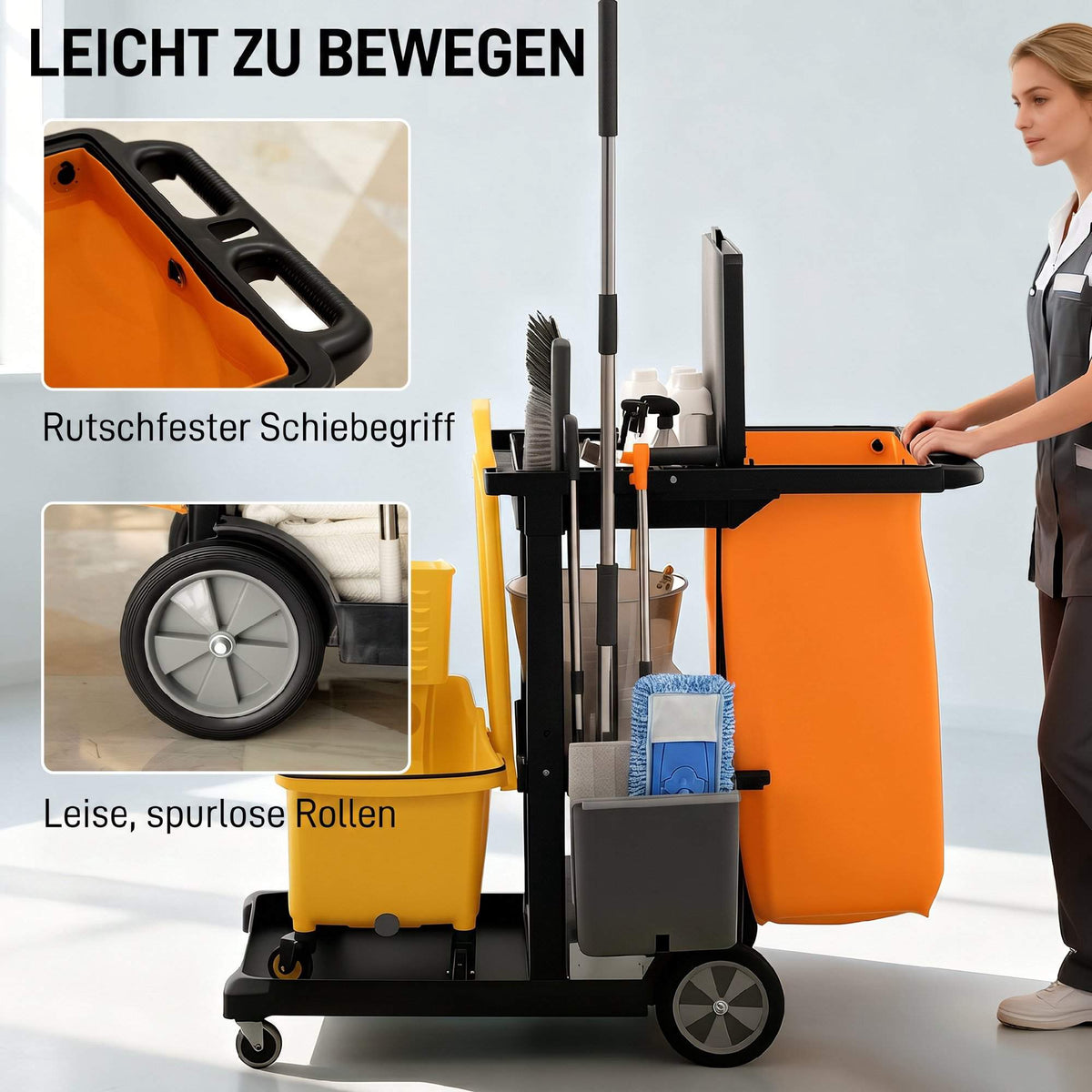 Commercial Cleaning Cart with 3 Shelves and Waste Bag