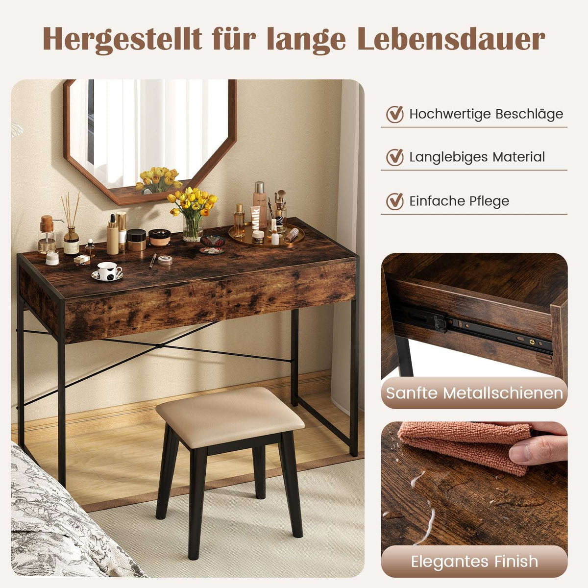 Compact Computer Desk with 2 Drawers, Rustic Brown