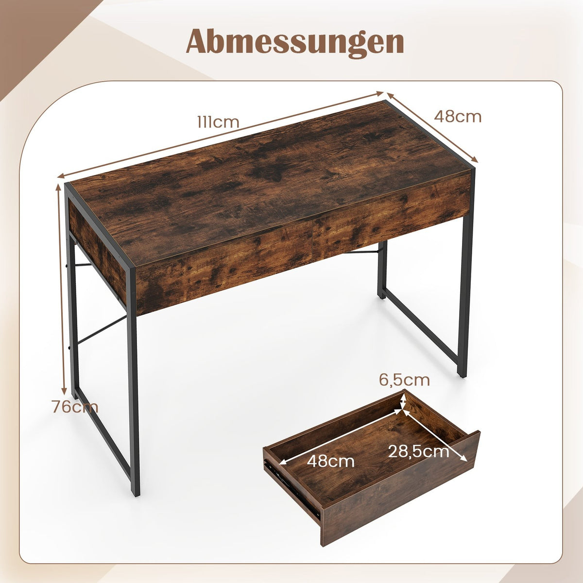 Compact Computer Desk with 2 Drawers, Rustic Brown