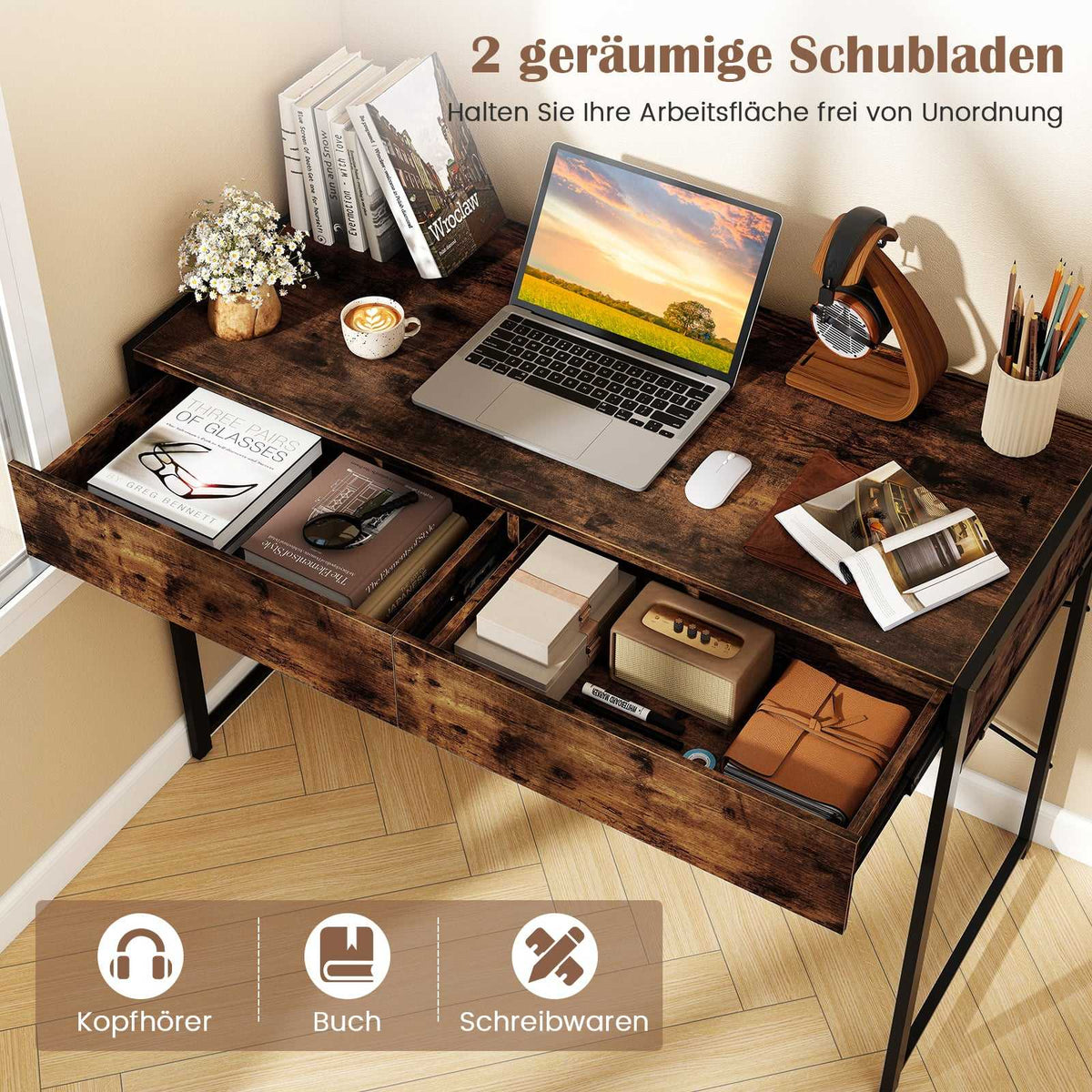 Compact Computer Desk with 2 Drawers, Rustic Brown