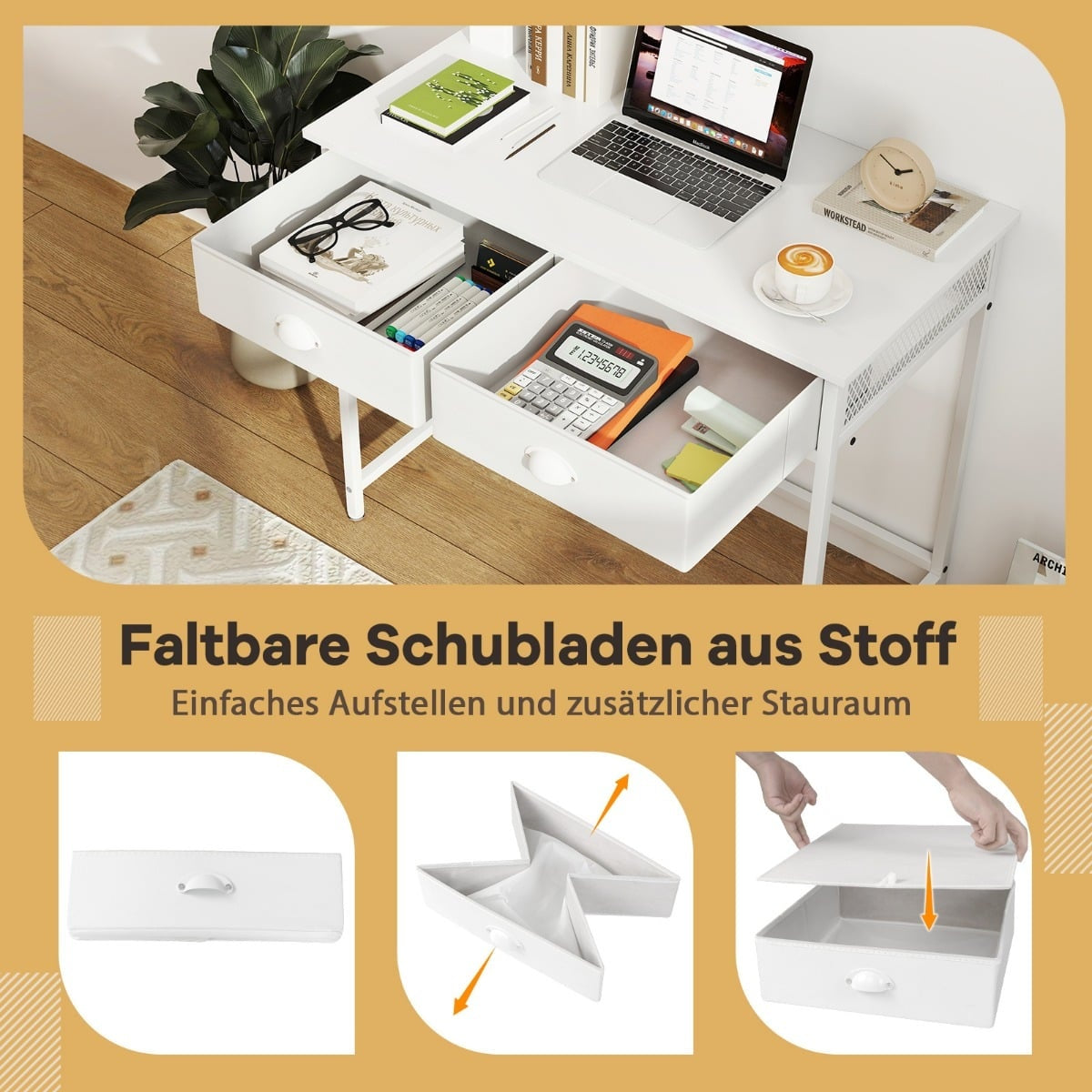 Compact Computer Desk with 2 Fabric Drawers & Hooks