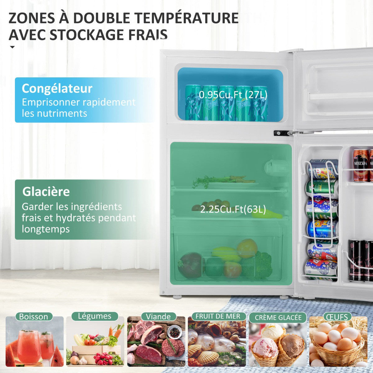 Compact Mini Fridge 90L, 2-Door Separate Freezer, White