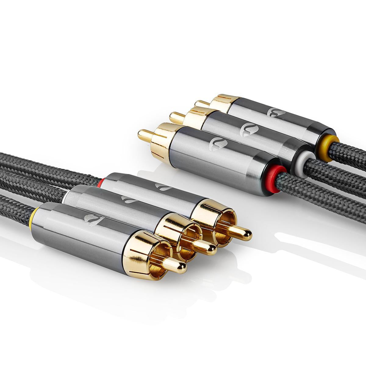 Composite Video Cable | 3x RCA Male | 3x RCA Male | Gold Plated | 480p | 2.00 m | Round | Cotton | Anthracite / Gray With Metal | Carton with covered window