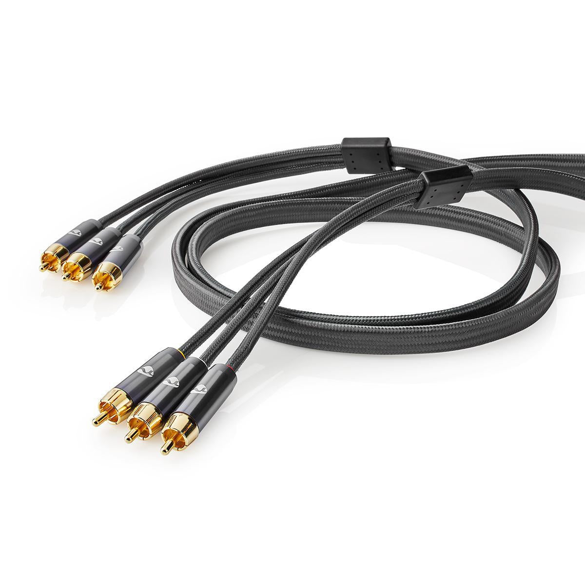Composite Video Cable | 3x RCA Male | 3x RCA Male | Gold Plated | 480p | 2.00 m | Round | Cotton | Anthracite / Gray With Metal | Carton with covered window