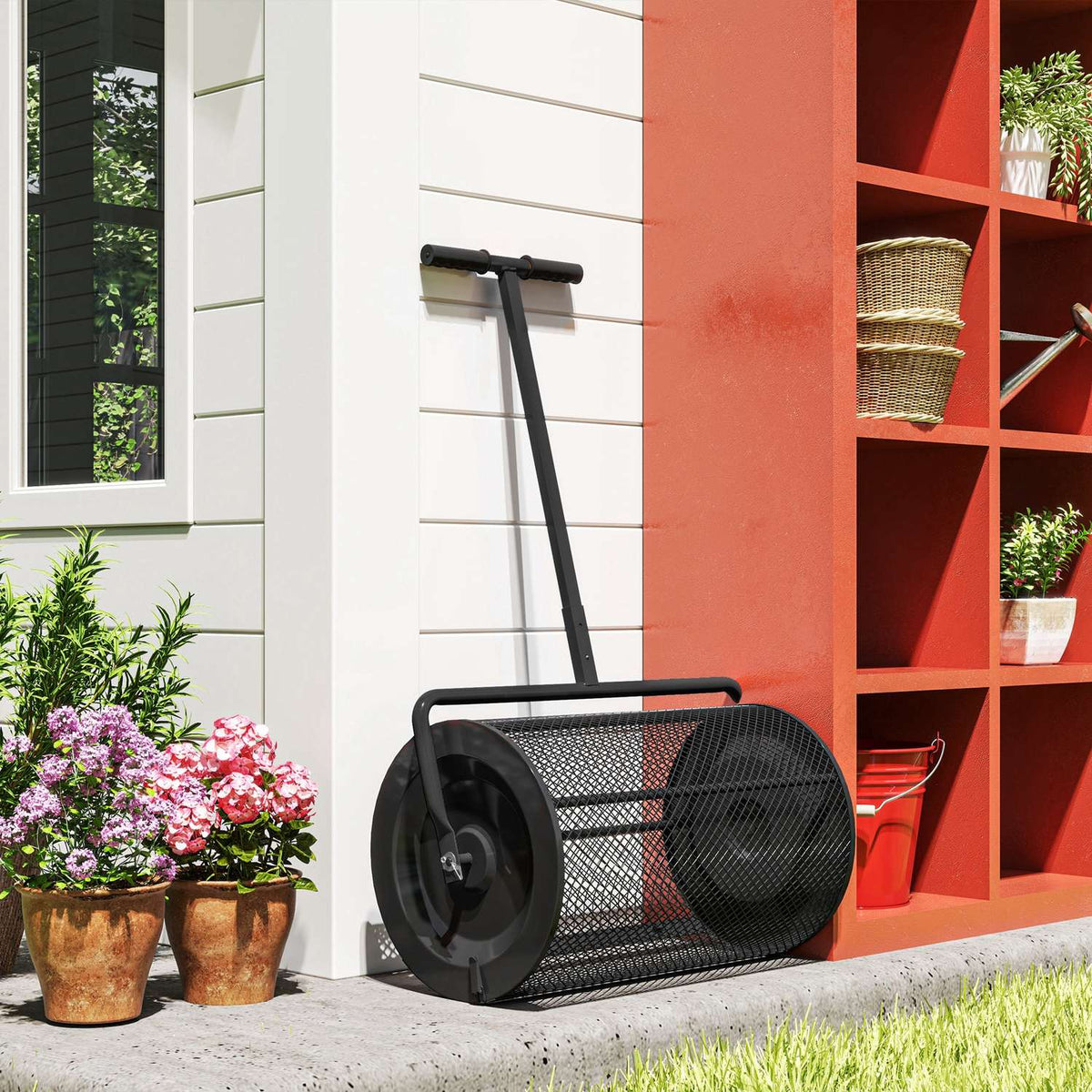 Compost spreader 300L 61x40cm fertilizer spreader lawn garden garden spreader with T-handle mesh basket metal seed spreader peat moss spreader lawn spreader lawn care for compost, manure fertilizer seed black |