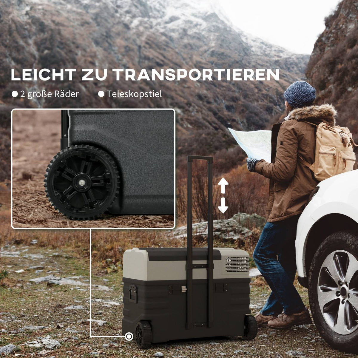 Compressor cool box 56L, car cool box 12/24V DC & 240V AC up to -20°C, portable freezer box with ECO/MAX modes, mini fridge with telescopic rod, wheel, for camping, truck, boat and socket |