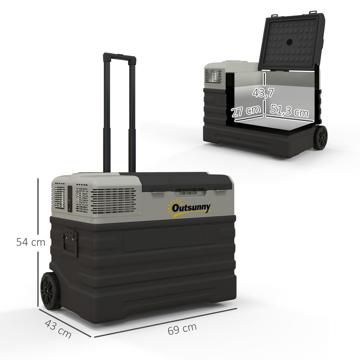 Compressor cool box 56L, car cool box 12/24V DC & 240V AC up to -20°C, portable freezer box with ECO/MAX modes, mini fridge with telescopic rod, wheel, for camping, truck, boat and socket |