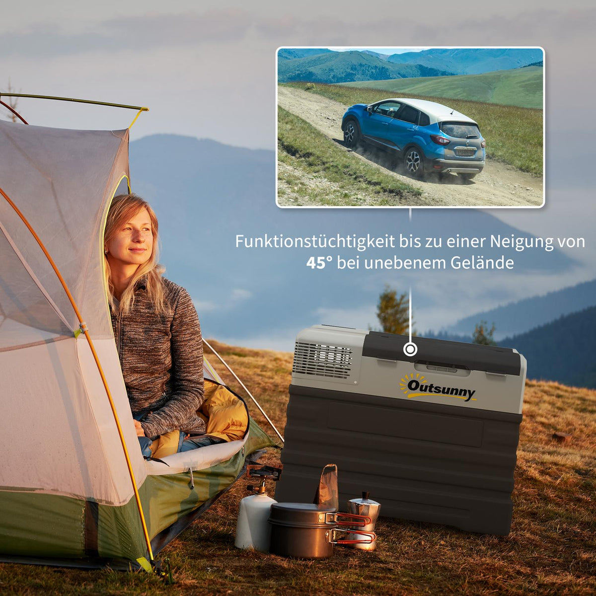 Compressor cool box 56L, car cool box 12/24V DC & 240V AC up to -20°C, portable freezer box with ECO/MAX modes, mini fridge with telescopic rod, wheel, for camping, truck, boat and socket |