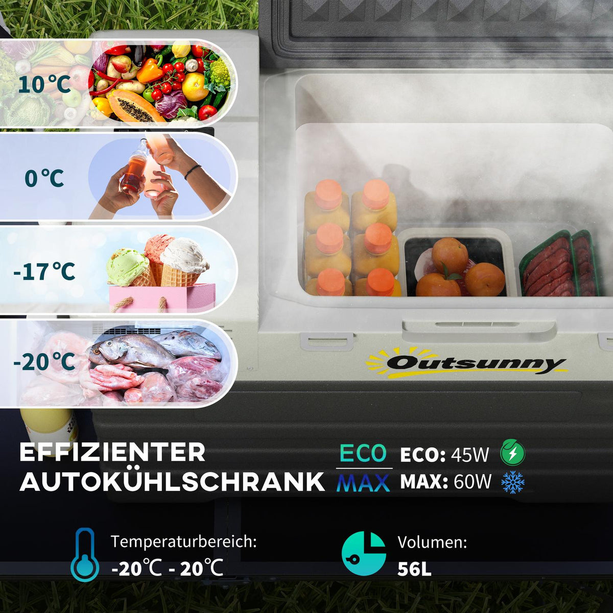 Compressor cool box 56L, car cool box 12/24V DC & 240V AC up to -20°C, portable freezer box with ECO/MAX modes, mini fridge with telescopic rod, wheel, for camping, truck, boat and socket |