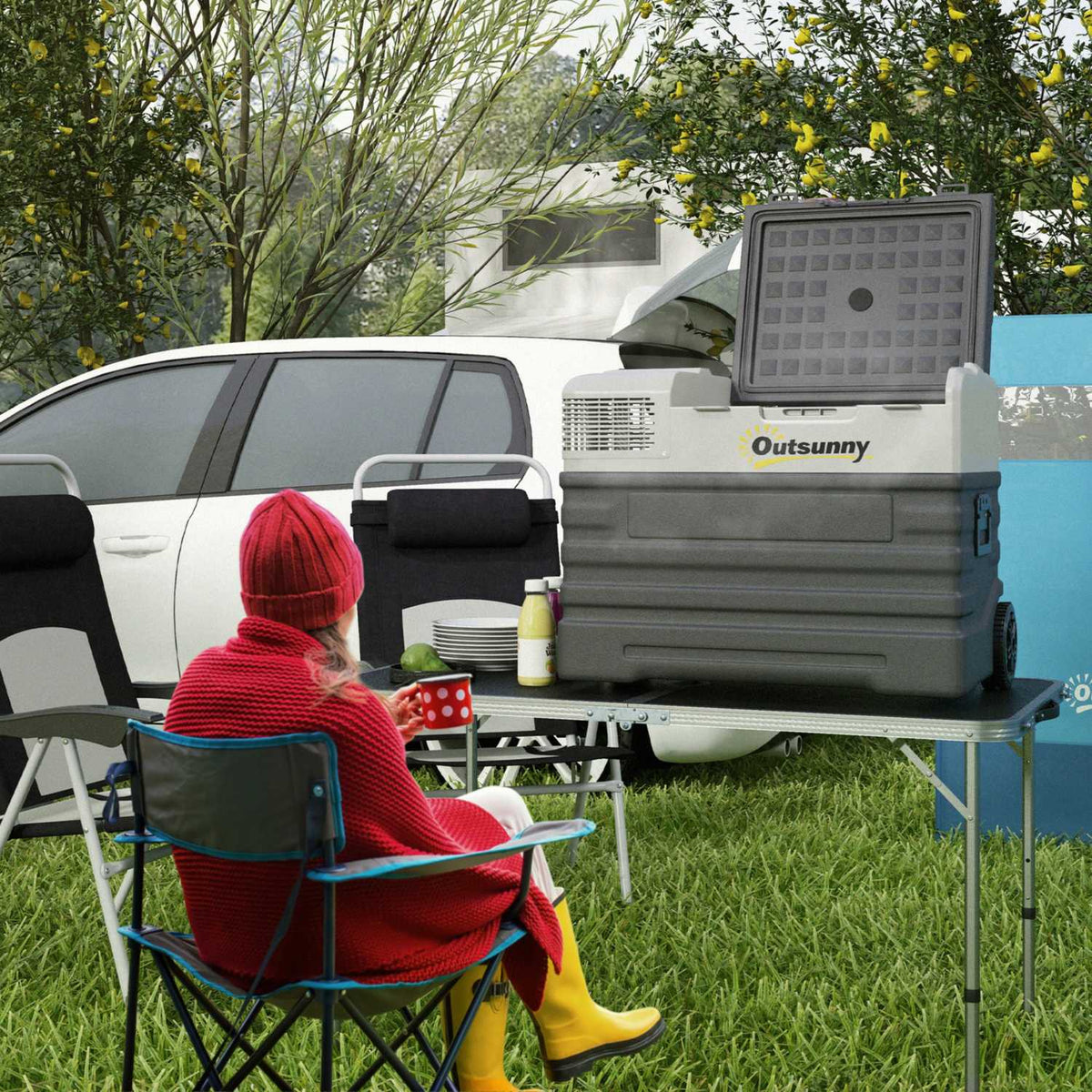 Compressor cool box 56L, car cool box 12/24V DC & 240V AC up to -20°C, portable freezer box with ECO/MAX modes, mini fridge with telescopic rod, wheel, for camping, truck, boat and socket |