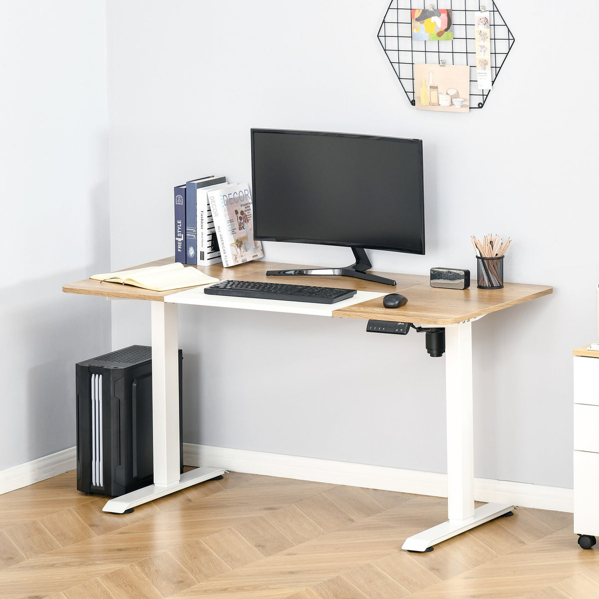 Computer Desk Electric Desk, Standing Desk, Height Adjustable, Table Frame With Motor, Metal, Natural+White