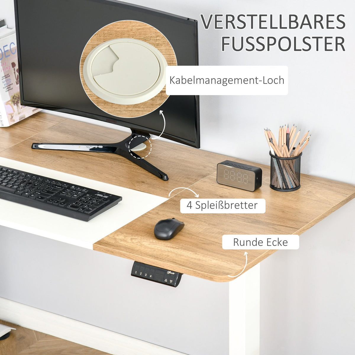 Computer Desk Electric Desk, Standing Desk, Height Adjustable, Table Frame With Motor, Metal, Natural+White
