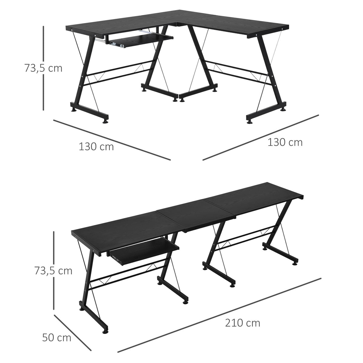Computer Desk Flexible Desk, Workstation, Mdf, Steel, Black, 210X50X73.5Cm