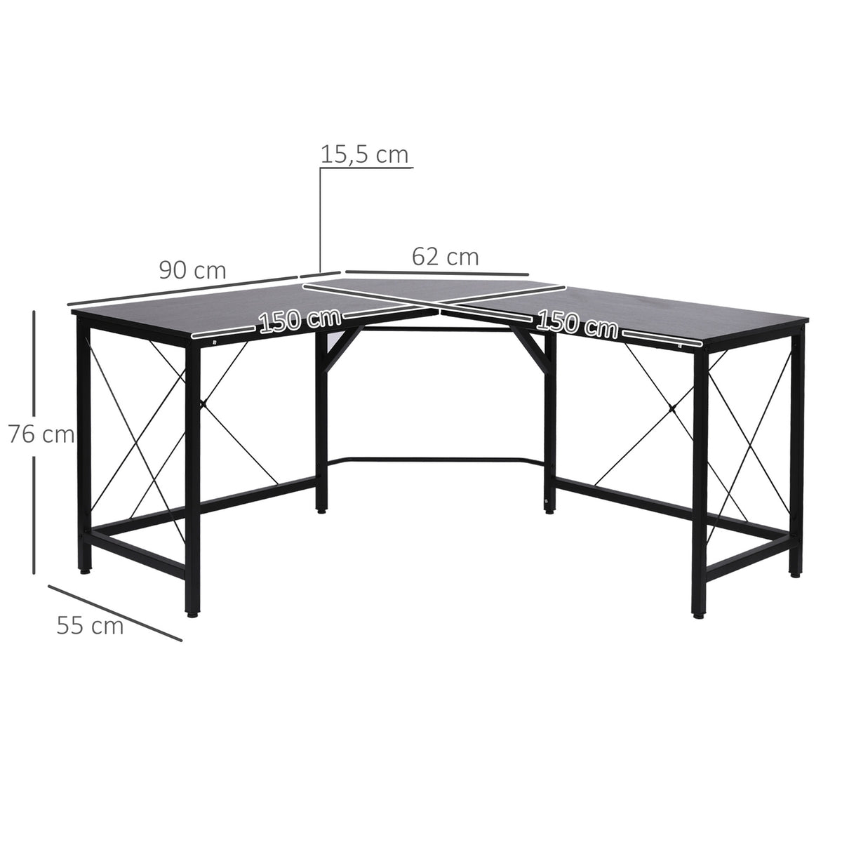 Computer Desk L-Shape Corner Desk, Angle Desk, Mdf, Black, 150X150X76Cm