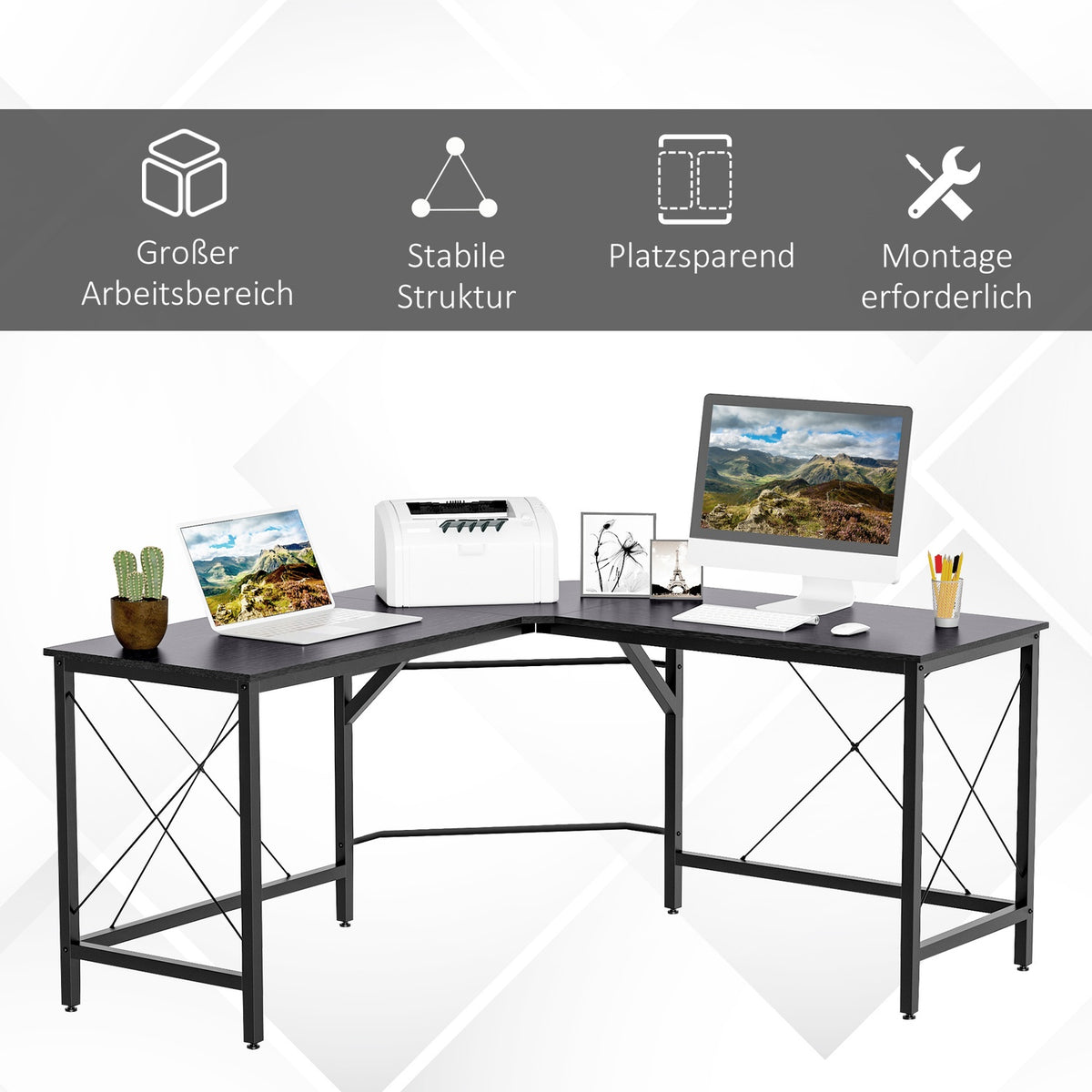 Computer Desk L-Shape Corner Desk, Angle Desk, Mdf, Black, 150X150X76Cm
