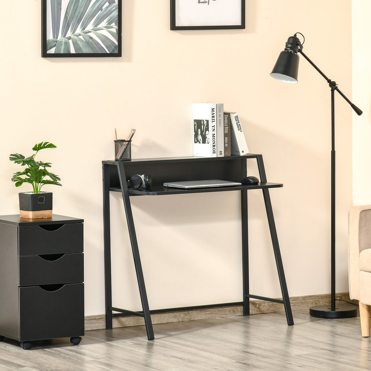 Computer Desk Stylish Desk With Shelf & Cable Management, Metal, Black, 84X45X85Cm