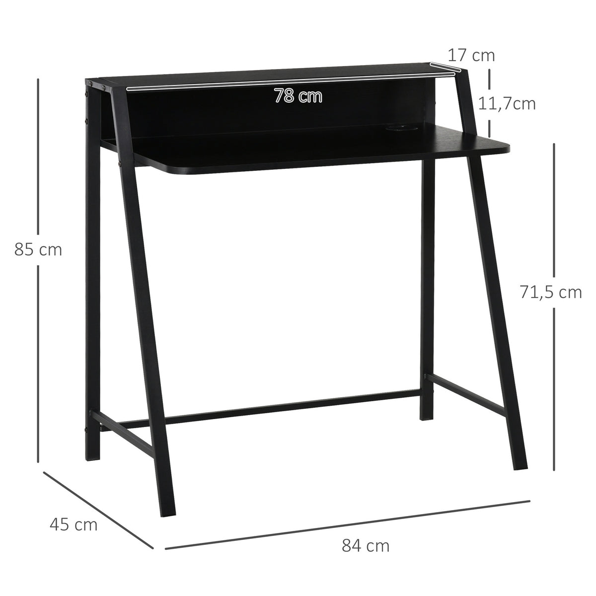 Computer Desk Stylish Desk With Shelf & Cable Management, Metal, Black, 84X45X85Cm