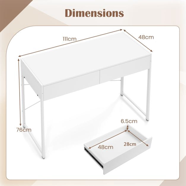 Computer Desk With 2 Drawers, Metal Frame, White