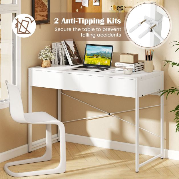 Computer Desk With 2 Drawers, Metal Frame, White