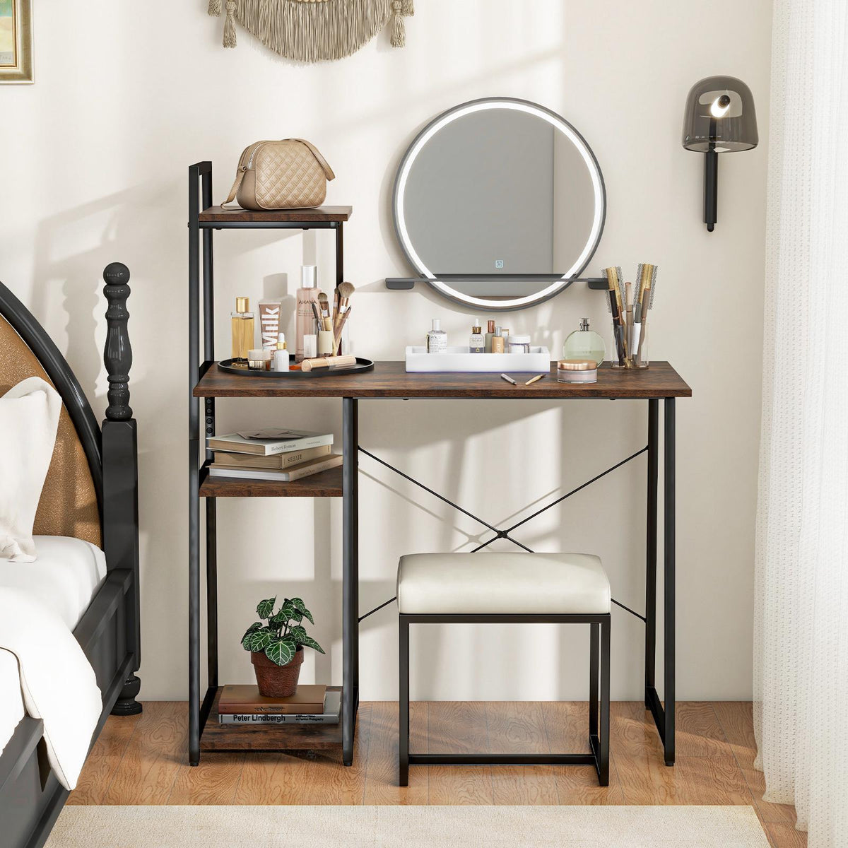 Computer Desk With 4-Tier Shelves, Compact, Brown