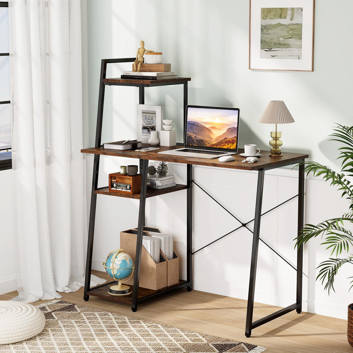 Computer Desk With 4-Tier Shelves, Compact, Brown
