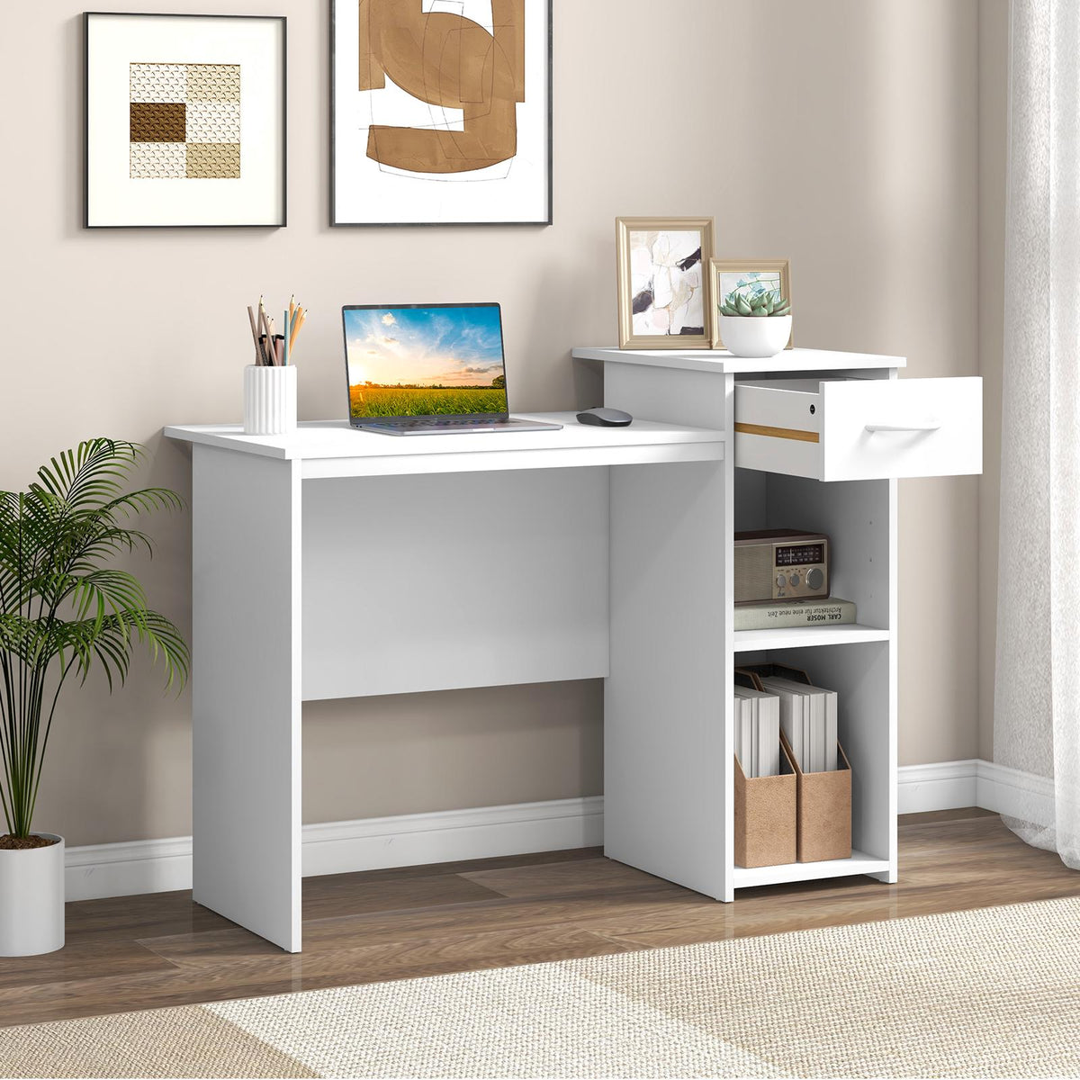 Computer Desk With Drawer, Adjustable Shelf, Cable Hole