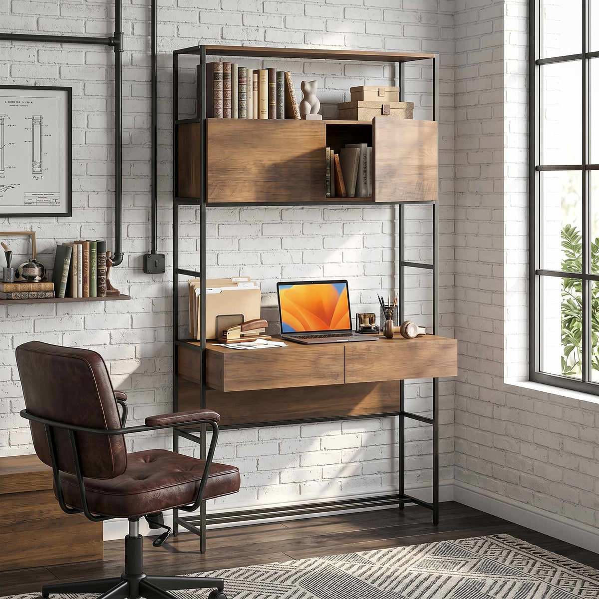 Computer Desk With Shelves and 2 Drawers, Brown, 185 cm