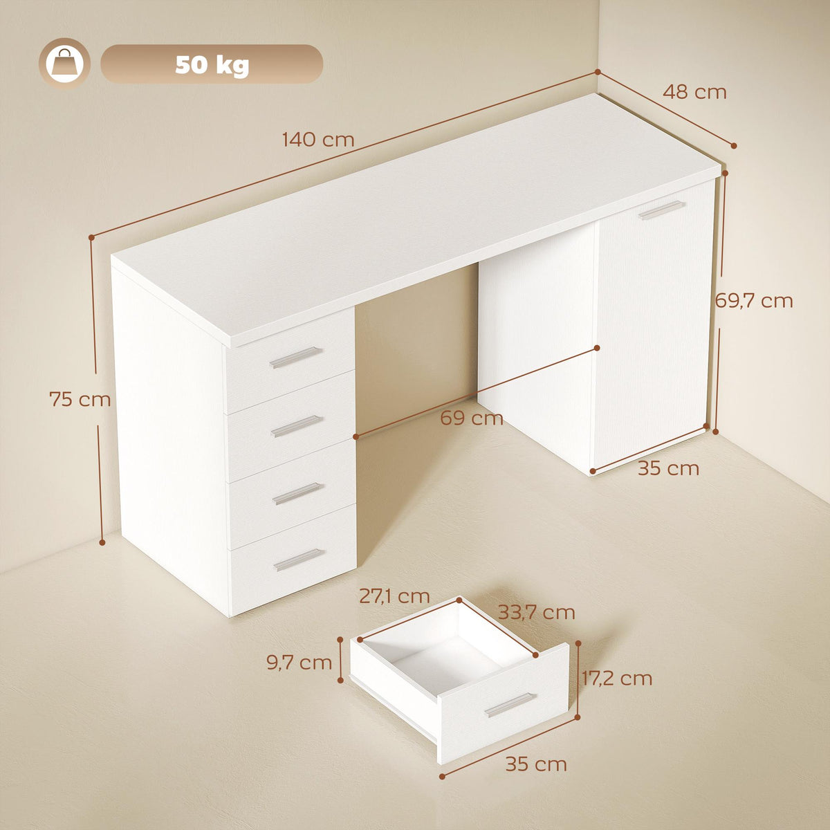 Computer Desk with 4 Drawers and Cabinet, 140 cm, White Wood