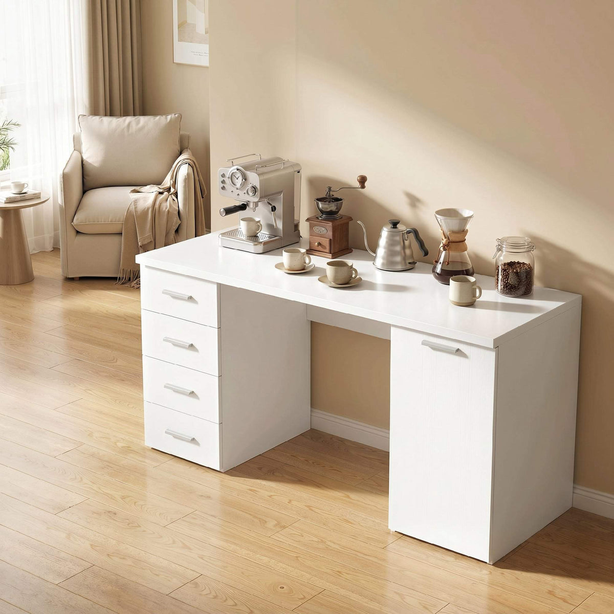 Computer Desk with 4 Drawers and Cabinet, 140 cm, White Wood