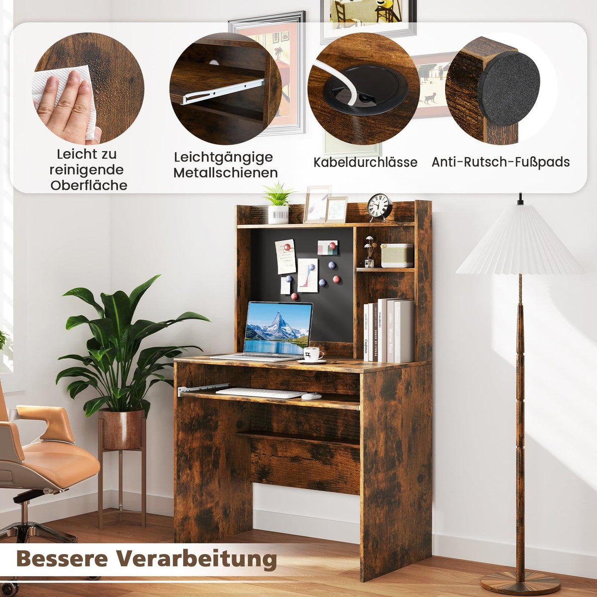 Computer Desk with Magnetic Board, Brown, Keyboard Tray