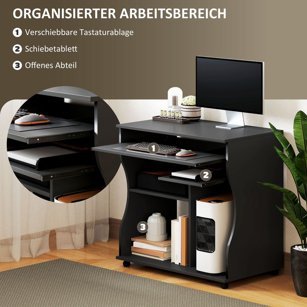Computer desk desk with wheels Office table with keyboard shelf? Shelf, PC table black 80 x 48 x 75 cm