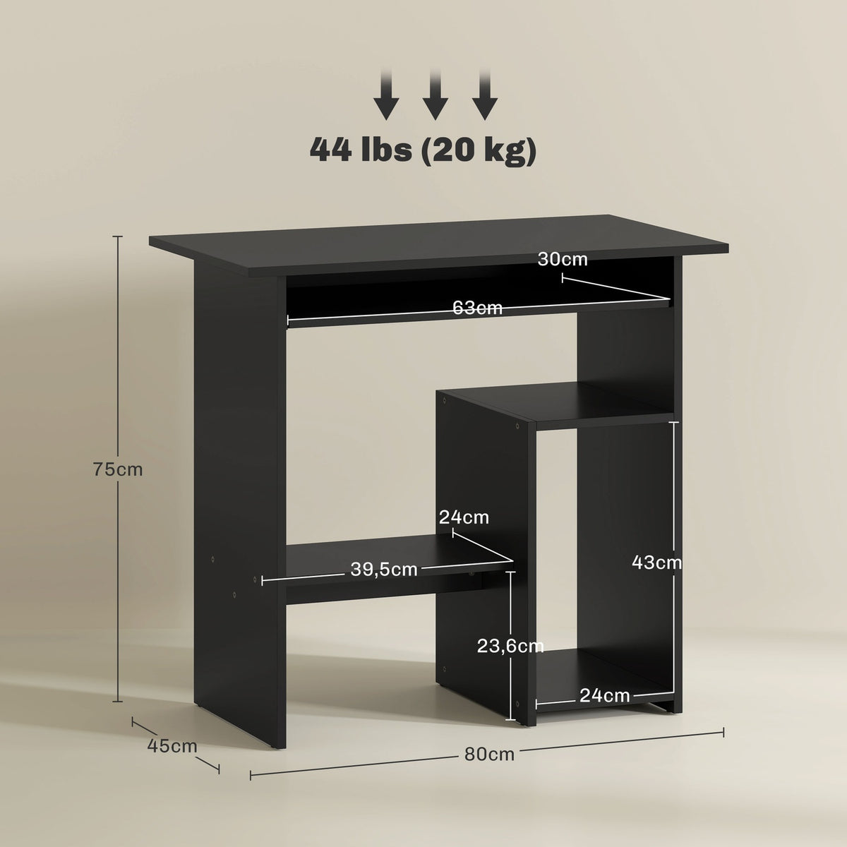 Computer table, desk with open compartments and shelves, office table, children's desk, PC table for office, study, 80 x 45 x 75 cm, black