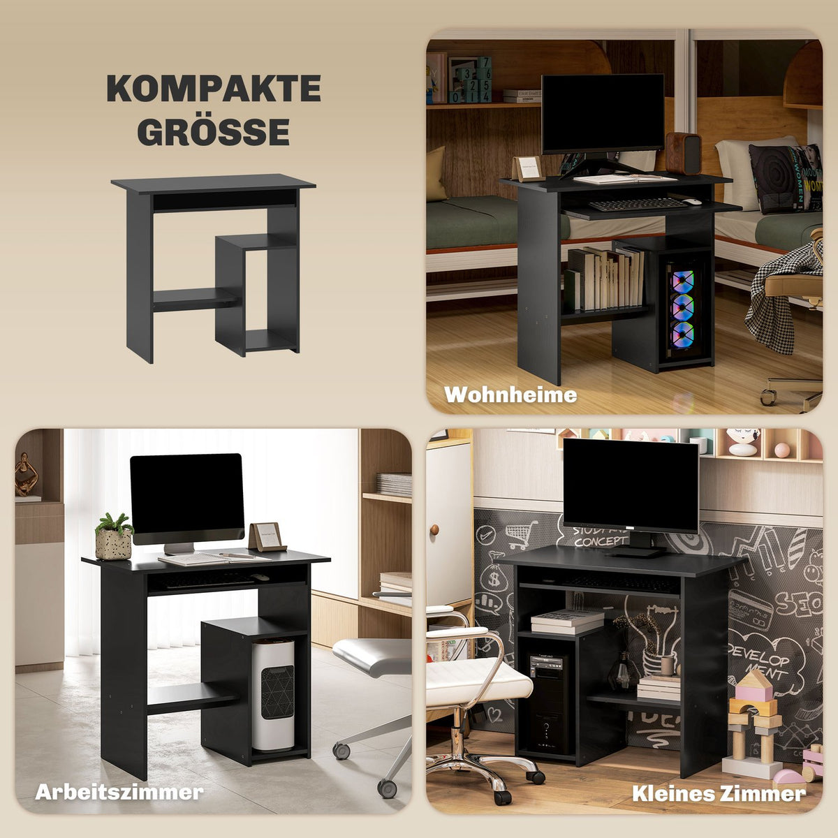 Computer table, desk with open compartments and shelves, office table, children's desk, PC table for office, study, 80 x 45 x 75 cm, black