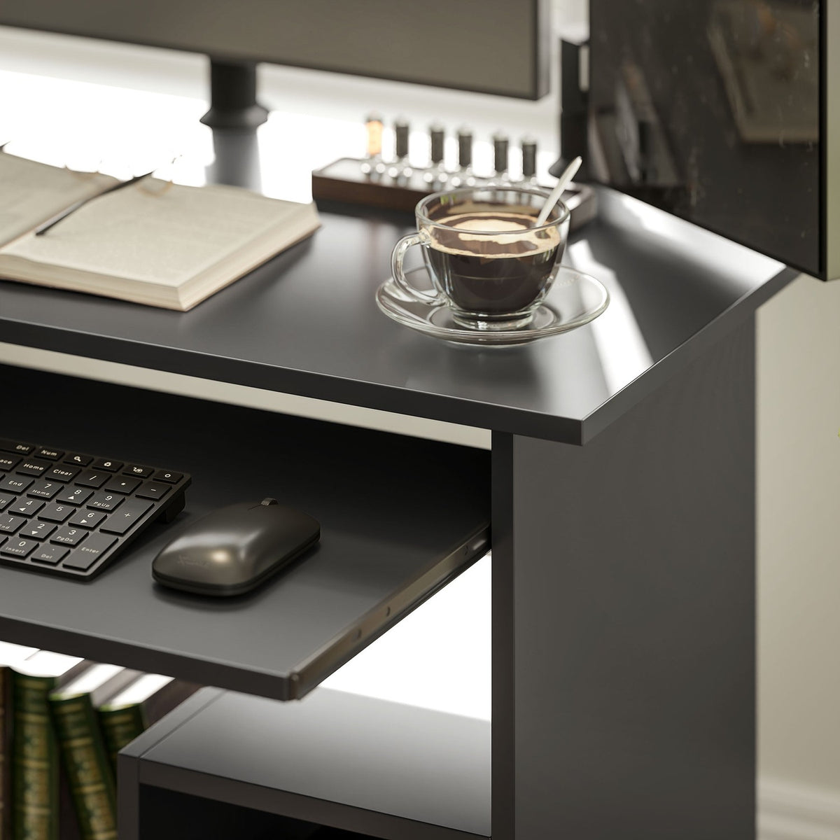 Computer table, desk with open compartments and shelves, office table, children's desk, PC table for office, study, 80 x 45 x 75 cm, black