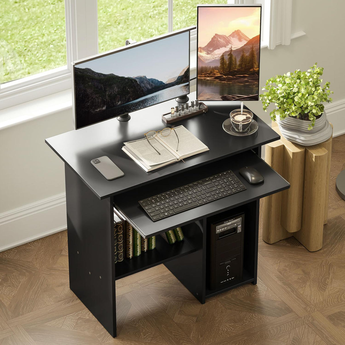 Computer table, desk with open compartments and shelves, office table, children's desk, PC table for office, study, 80 x 45 x 75 cm, black