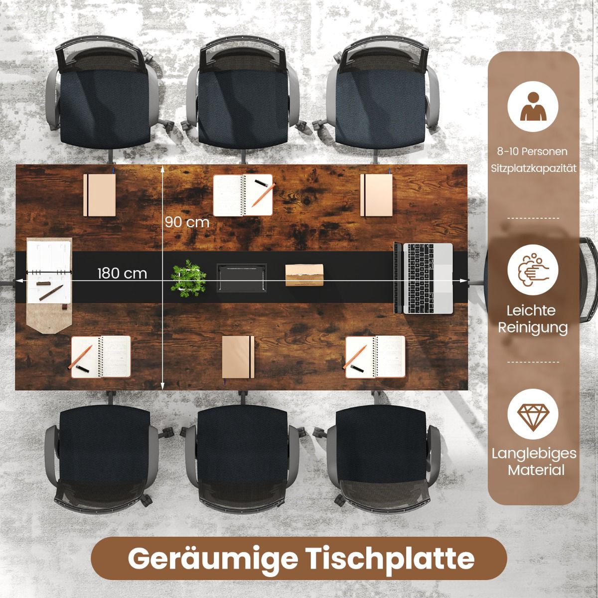 Conference Table 180x90 cm for 8-10 People, Cable Management