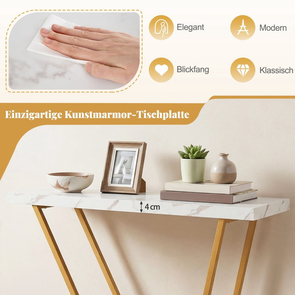 Console Table 100cm, Marble-Look, White, Metal Frame