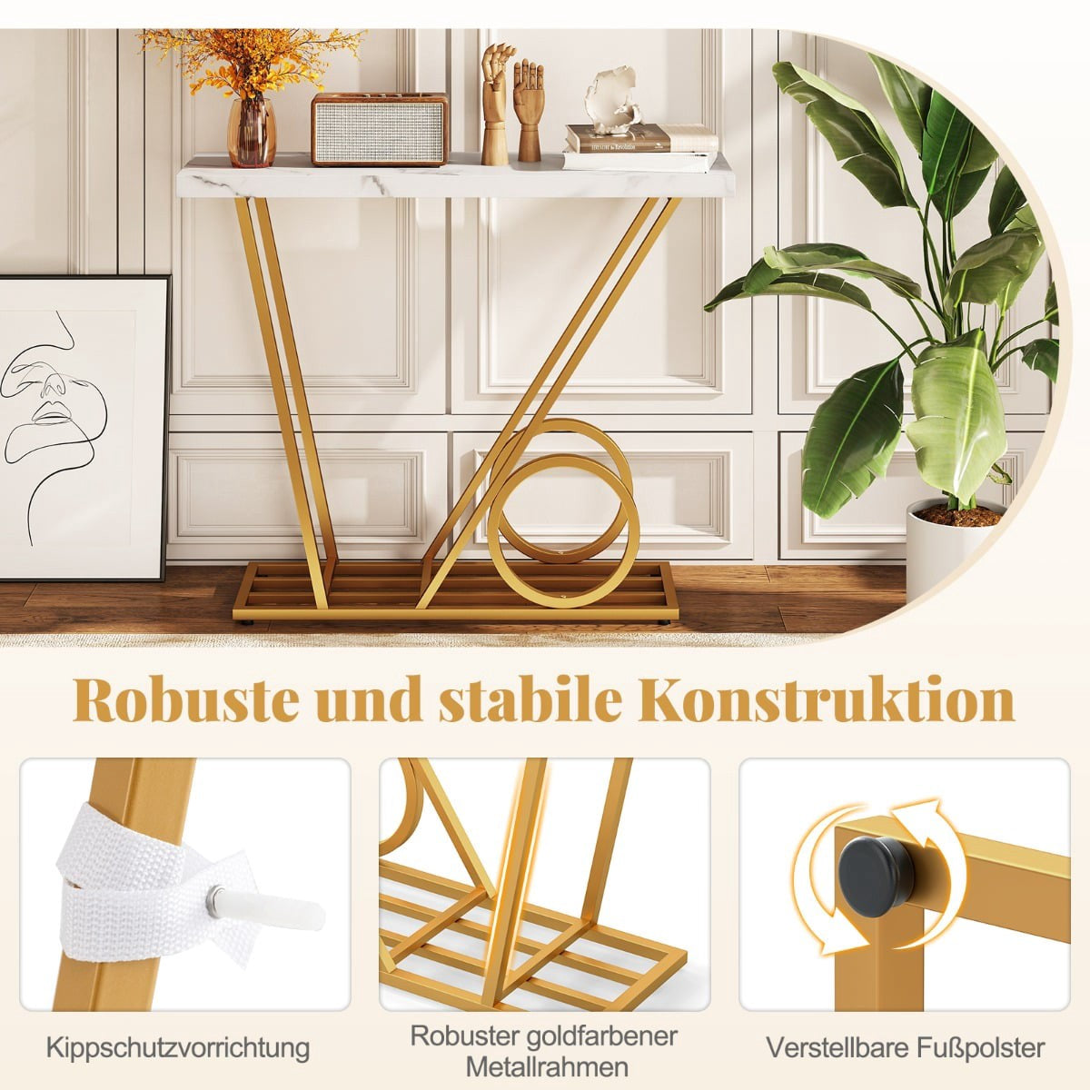 Console Table 100cm, Marble-Look, White, Metal Frame
