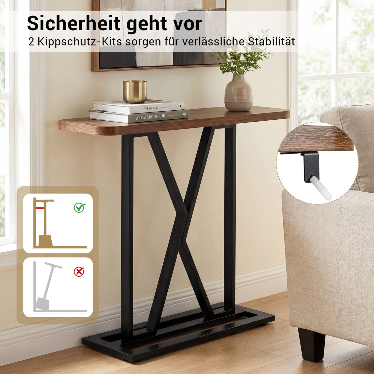 Console Table 100 cm, Rustic Brown, Metal Frame