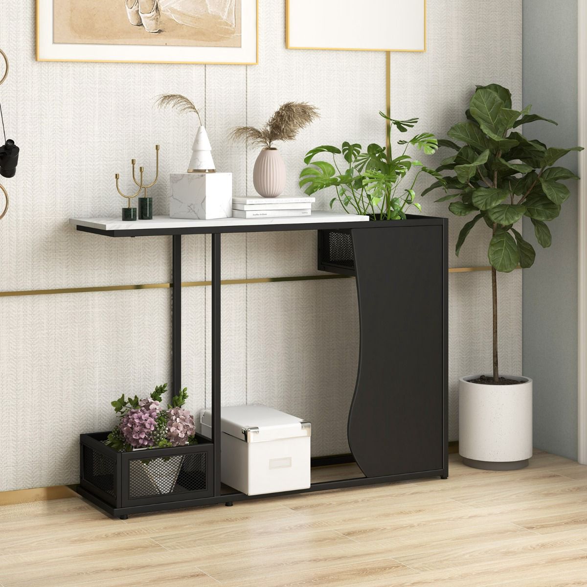 Console Table 43.5 Inch, Faux Marble Top, Plant Cubes