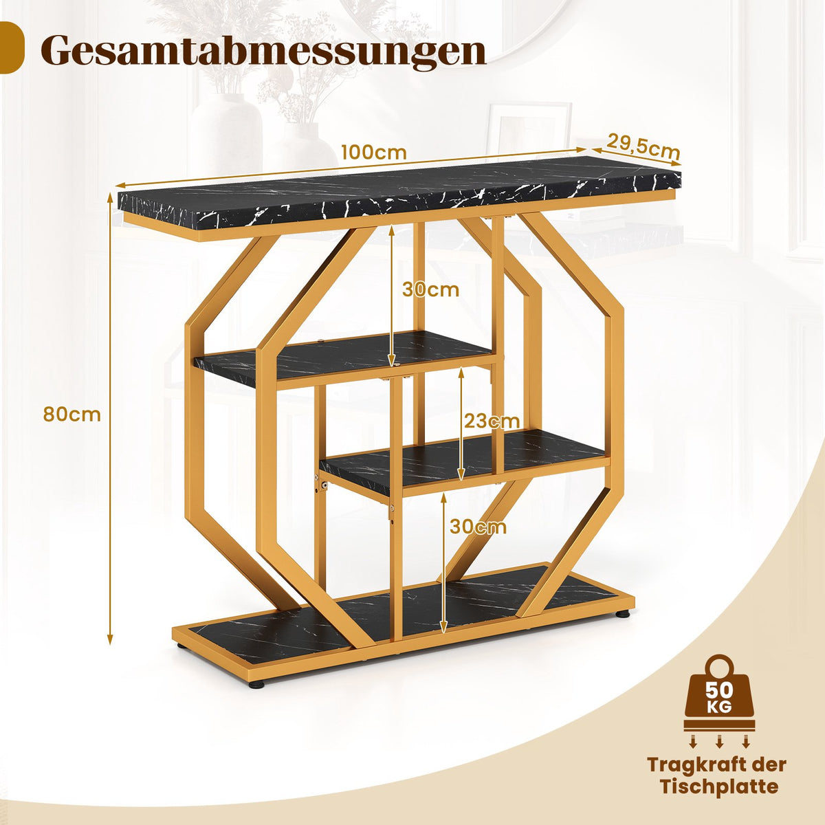 Console Table, 4-Tier, Faux Marble Top, Black, 100 cm