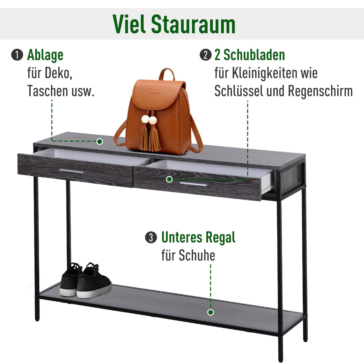 Console Table, Entrance Table, Side Table, 2 Drawers, Lower Shelf, Steel, Gray, 120 X 30 X 81.5 Cm