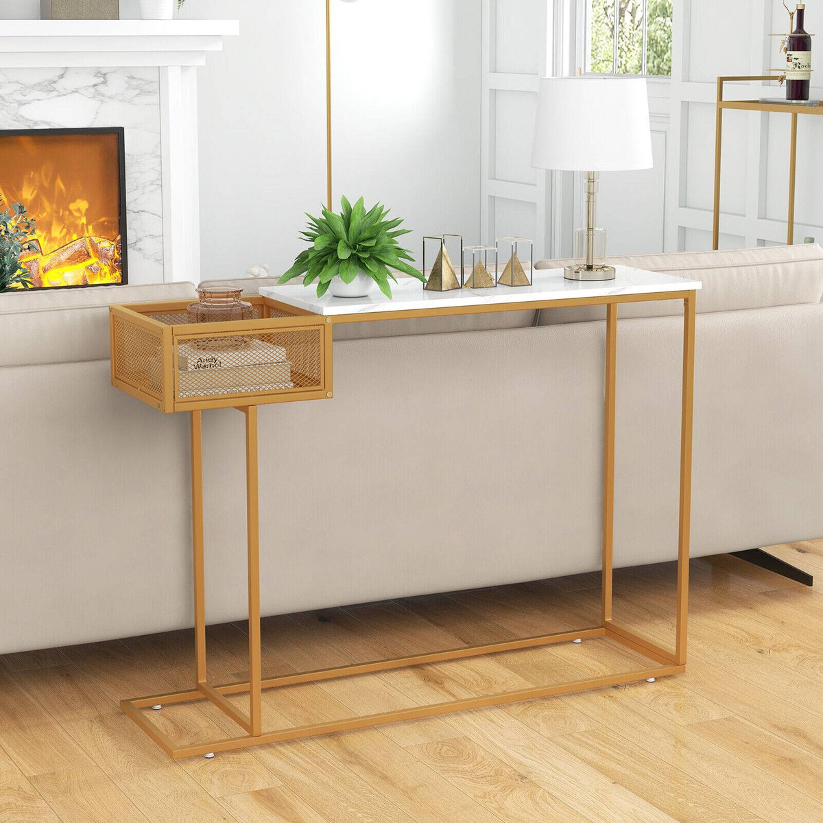 Console Table, Faux Marble Top, Storage Basket, Gold Frame
