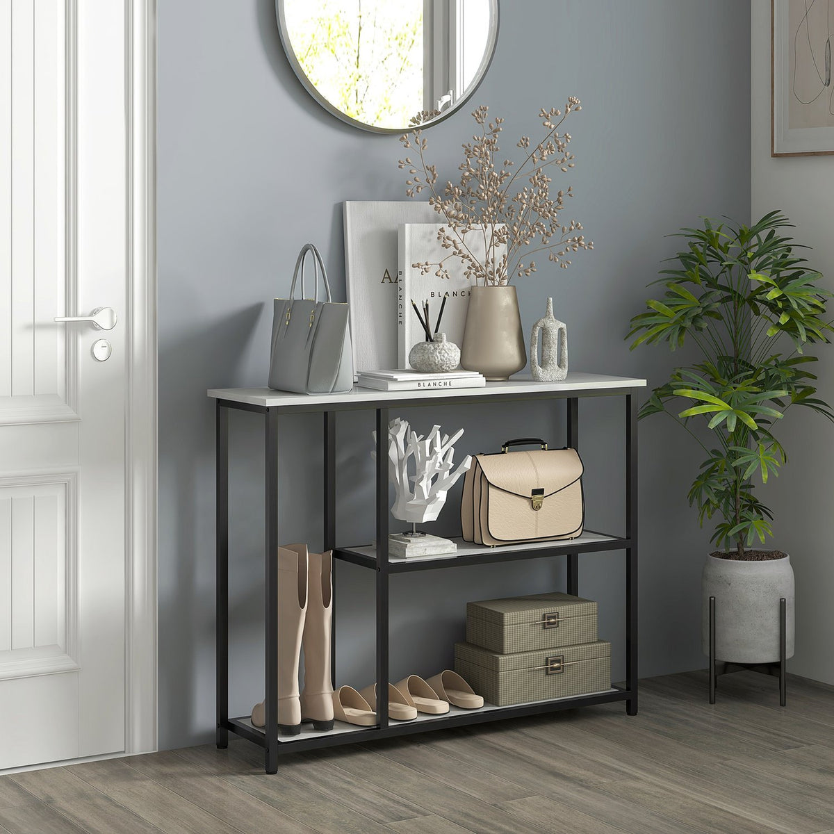 Console Table, Hall Table With 2 Levels, Standing Shelf, Side Table, Sofa Table With Anti-Tip Protection For Living Room, Hallway, Steel, White, 100 X 30 X 80 Cm