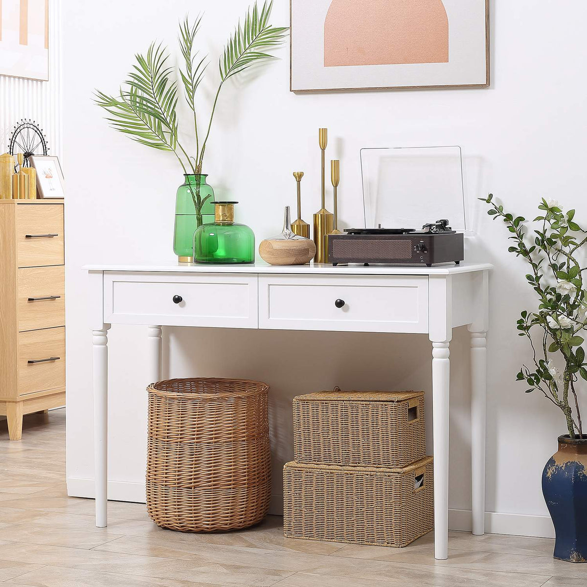 Console Table, Hallway Table, Side Table With Drawers, Modern Sofa Table For Entrance, Living Room And Hallway, Pine Wood, White