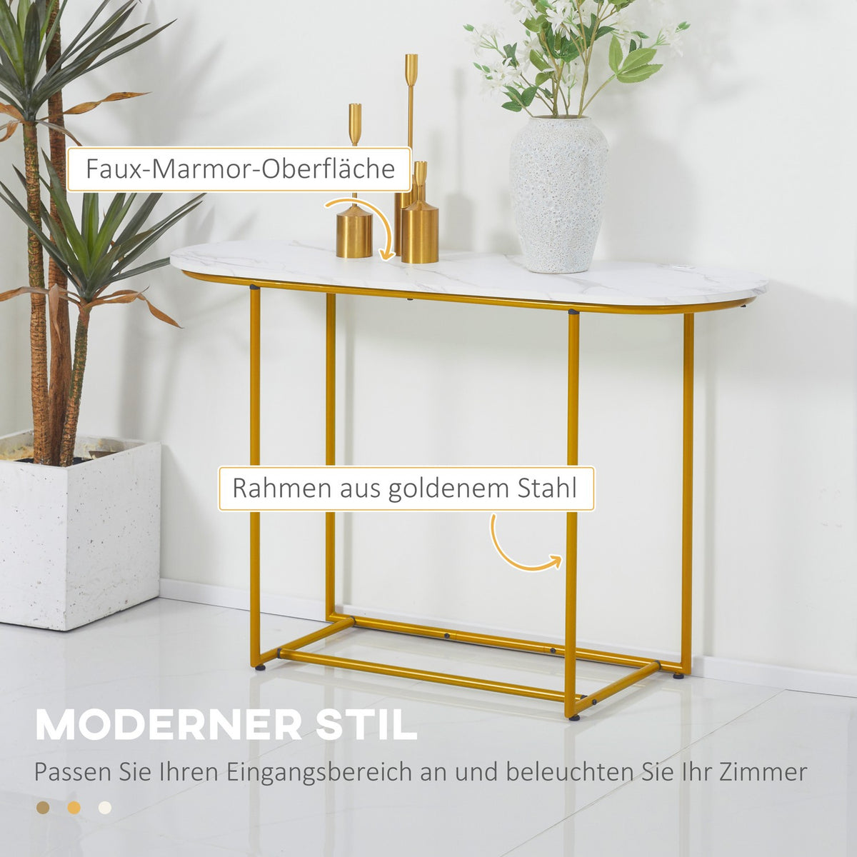 Console Table, Modern Hallway Table As A Side Table, Sofa Table, Steel, White + Gold, 120X40X75 Cm