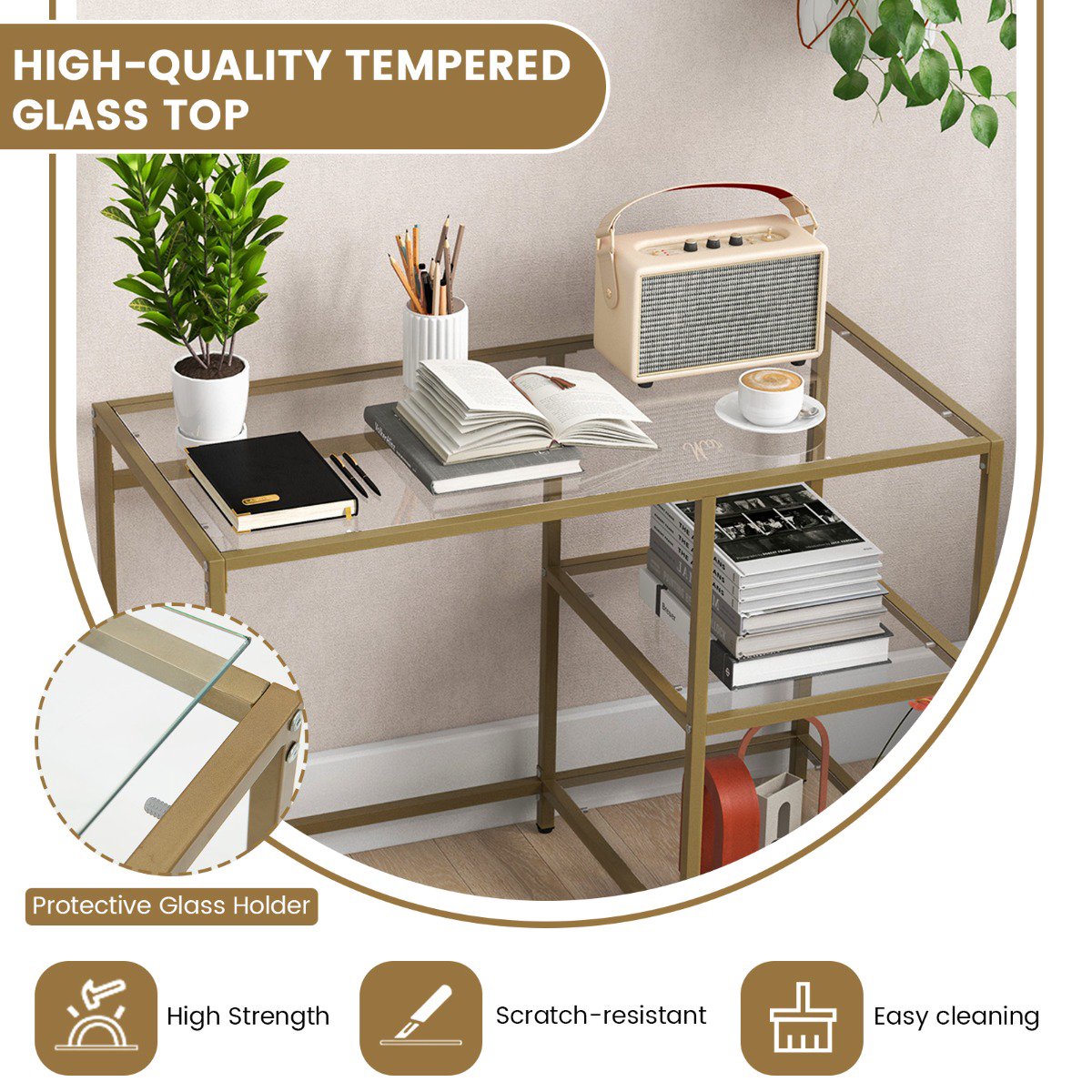 Console Table, Tempered Glass Top, 2 Shelves, Gold Frame