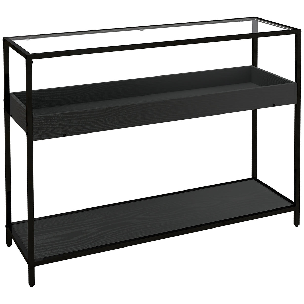 Console Table With 2 Shelves, Hall Table With Glass Top, Shoe Rack, Steel, Black, 100X30X78 Cm