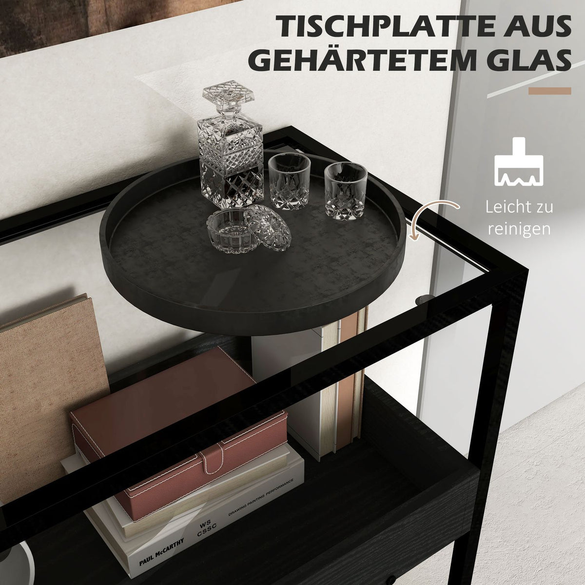 Console Table With 2 Shelves, Hall Table With Glass Top, Shoe Rack, Steel, Black, 100X30X78 Cm